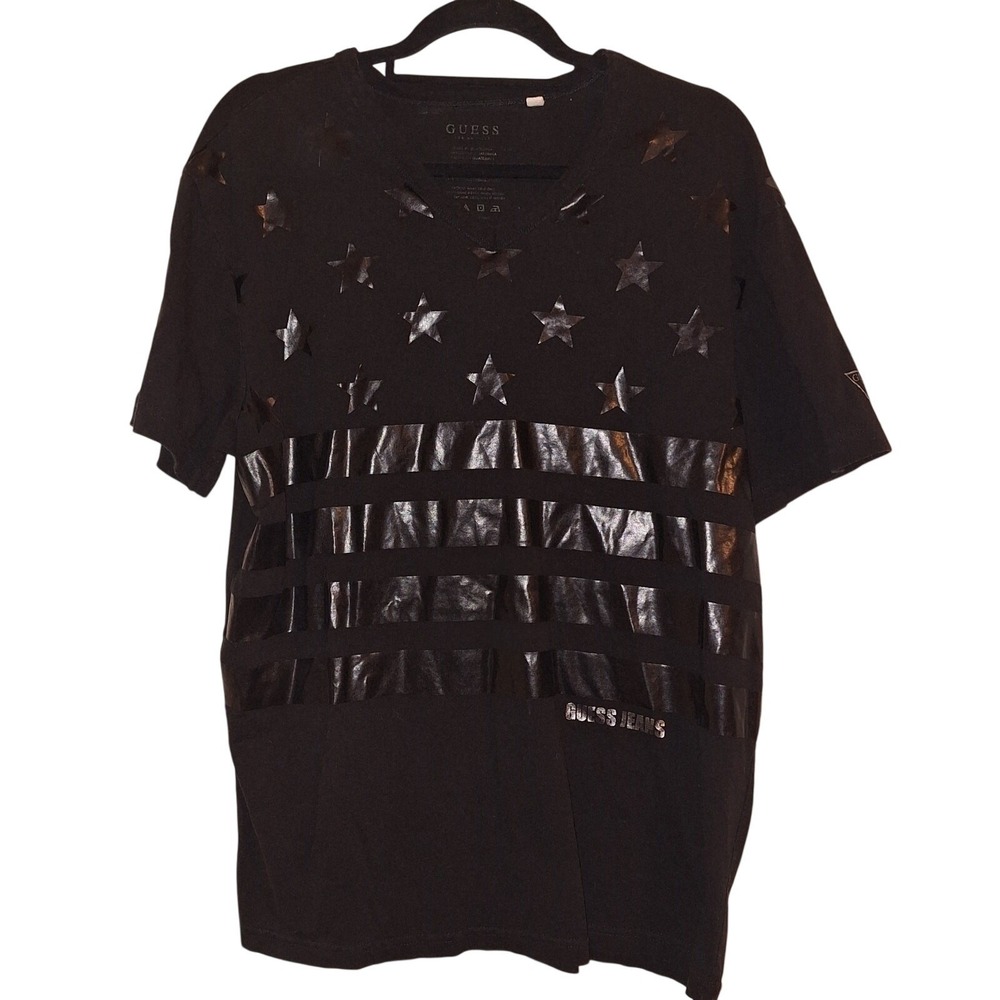 Guess Monotone Black Stars and Strips T-shirt Size XL Classic Black On‎ Black